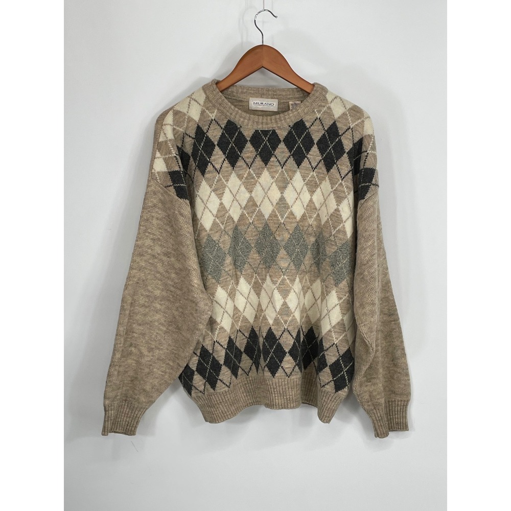 Murano Mens Sweater XL Crewneck Tan Argyle Preppy Wool Blend Made in Italy